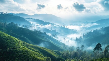 Fototapeta premium Top view of the tea plantations in Nuwara Eliya, with terraced fields, mist-covered mountains, and winding paths