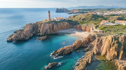 Obraz premium Top view of the tranquil landscapes and rocky coastline around Cabo Espichel, with the lighthouse as a focal point