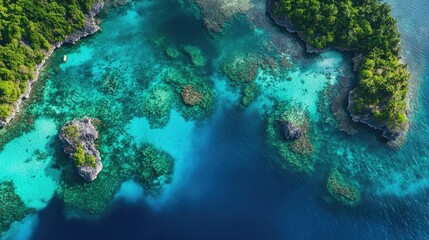Fototapeta premium Top view of the turquoise waters and reef formations around Togean Islands in Central Sulawesi