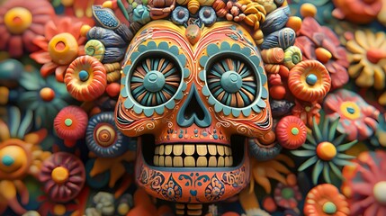 Colorful Sugar Skull with Floral Decoration  Day of the Dead  Mexican Culture  Traditional Art