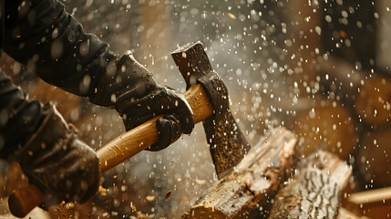 A man chopping wood in the rain droplets flying off the axe with each swing.