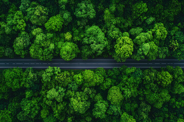 Aerial top view of asphalt road through green forest, healthy rain forest, environment, health, green economy, view of nature ecosystem for save Earth