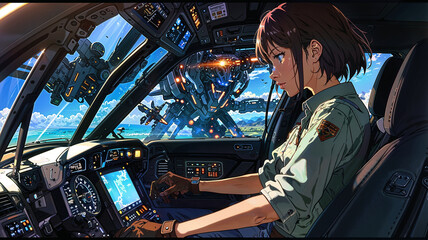 An anime pilot prepares for battle in a high-tech mecha cockpit, with advanced controls and displays, capturing the intensity and tension of warfare.