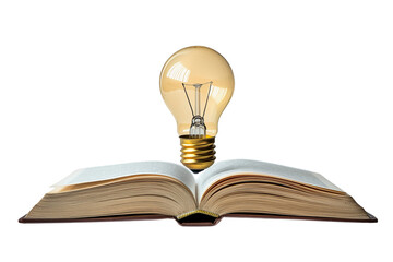 A light bulb on an open book, isolated on a transparent background.