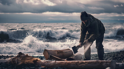 Fototapeta premium A man chopping wood on a beach waves crashing in the background.
