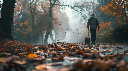 A man chopping wood on a misty autumn morning leaves covering the ground.