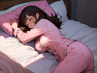 ピンクのパジャマを着てベッドで寝ている若い女性