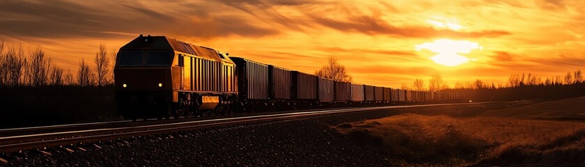 Fototapeta premium A scenic sunset view featuring a train traveling through the landscape with vibrant colors painting the sky.