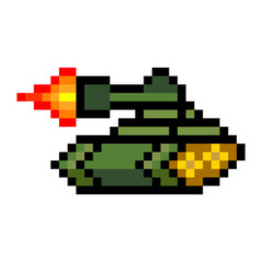 Obraz premium Armored tank shooting a weapon in pixel art style