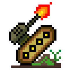 Military armored tank shooting weapons in pixel art style