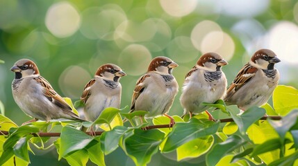 Fototapeta premium 07231249 404. House sparrows in a group of six, perched on the peak of a leafy hedge, with a soft-focus green and white bokeh background enhancing the natural setting