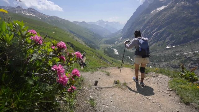 Female hiker follows scenic mountain trail with hiking pools in the Mont Blanc Alps, a mix of alpine meadows and rocky terrain