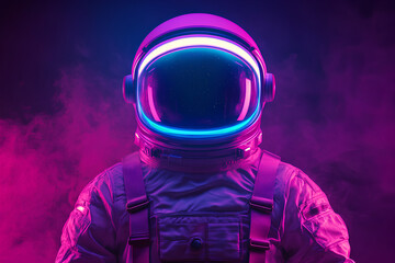 Psychedelic Retro Wave Astronaut in Neon Tubes Light. Pink Blue Violet Trendy Colors. Front View of a Space Suit