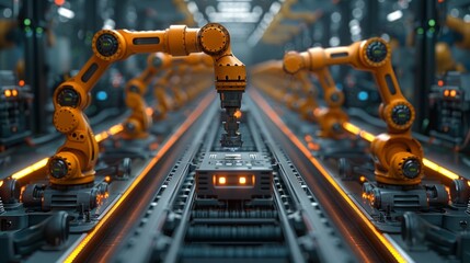 An industrial scenario with robotic arms and production lines. symmetrical composition, two-point perspective