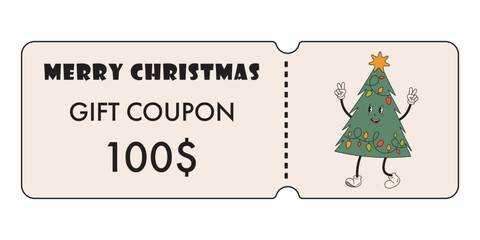 Christmas gift coupon with dollars money bonus. Christmas money gift voucher in retro style. For gifts and sale, promotion, discount, marketing, magazine advertising.