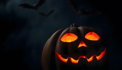 Naklejka premium Jack-o-lantern, Halloween pumpkin with carved face, isolated on black background