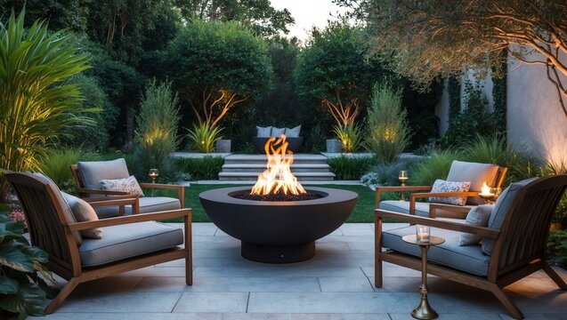 A cozy outdoor seating area in a vibrant green garden, centered around a stylish fire pit. The beautifully landscaped garden creates a tranquil ambiance at dusk.