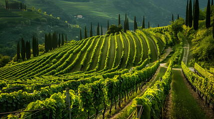 A picturesque vineyard in the Valpolicella region Italy with lush green rows.