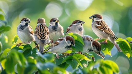 Fototapeta premium 07231249 404. House sparrows in a group of six, perched on the peak of a leafy hedge, with a soft-focus green and white bokeh background enhancing the natural setting