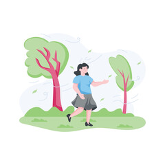 A girl enjoying windy season, flat illustration