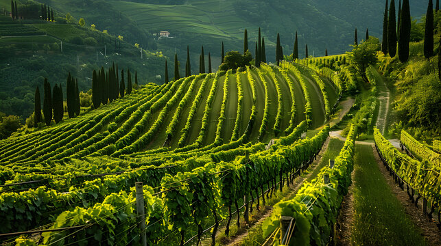 A picturesque vineyard in the Valpolicella region Italy with lush green rows.