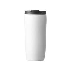 white ceramic hot coffee mug with black plastic cap isolated on white background