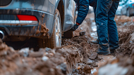 Obraz premium A premium hatchback being dug out workers carefully removing soil.