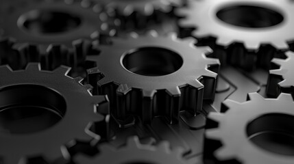 Close-up of black metal gears interlocking, symbolizing teamwork, precision, and machinery in industrial and engineering concepts.