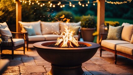 This image showcases a charming backyard lounge area with a central fire pit surrounded by comfortable seating and adorned with string lights, creating a cozy evening ambiance.
