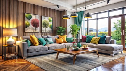 Contemporary home design trends shine through in this inviting living room, where stylish sofas and chic cushions meet