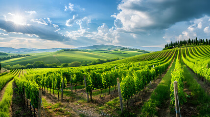 Naklejka premium A scenic vineyard in Tuscany Italy with rolling hills and lush grapevines.