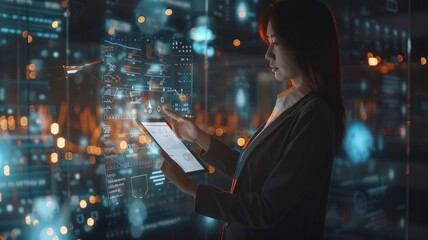 Businesswoman holding tablet and using technological approach to optimize business process. System hologram charts and graph flying nearby smartphone., AI Generative