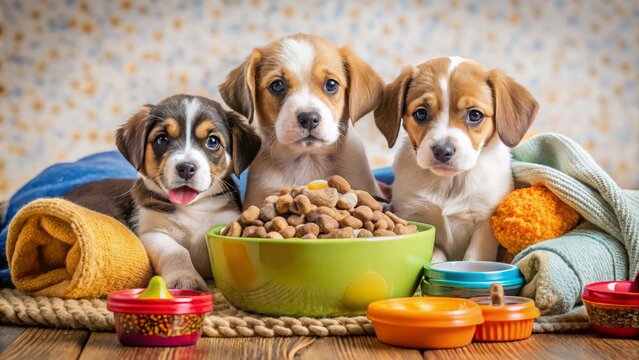 Cute puppies gather closely around a warm bowl of kibble, their tails wagging gently as they snack on