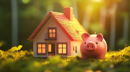 Close-Up of Piggy Bank, House Model, Symbolizing Savings and Investments
