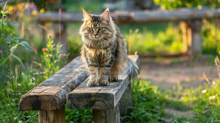 Obraz premium 07231249 416. Beautiful Siberian cat walking through a rural yard, pausing to sit on a rustic wooden bench, with a summer landscape of green grass and flowers in the background