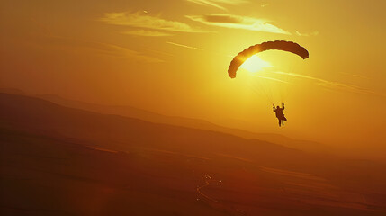 A skydiver enjoying a sunset dive the golden hues illuminating the scene.
