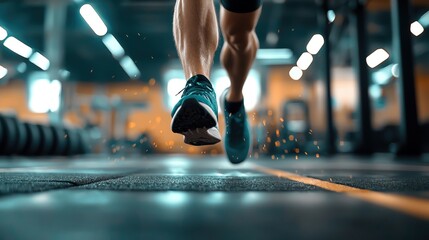 Fototapeta premium Dynamic action shot of a runner's legs in motion, showcasing athleticism and energy in a training environment.