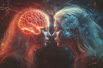 Mental sharpness Relationship goal Two faces with intertwined glowing brains symbolizing the merging of thoughts the depth of intellectual connection and the balance between logic and emotion