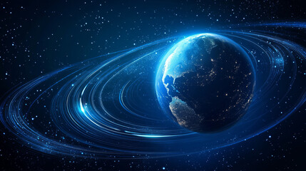 A dark blue vector background with Planet Earth, featuring abstract technological rings in its orbit and global communication satellites, creating a dynamic, religious-themed effect of movement. 