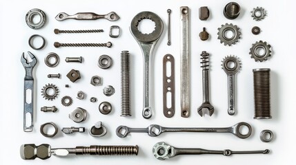 An array of various industrial tools and mechanical components is organized neatly on a clean surface for efficient access