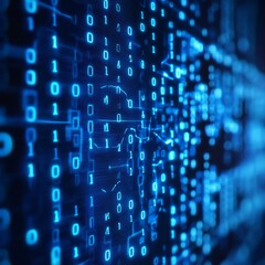 Obraz premium Blue digital binary data on computer screen background, AI Generative