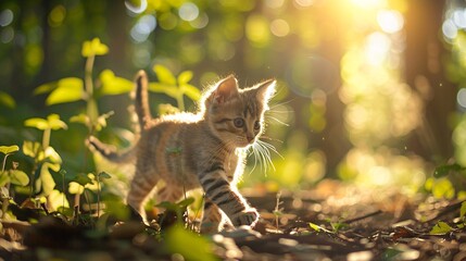 07231249 421. Playful kitten walking through a sunlit summer forest, with sunlight filtering through the trees and casting dappled shadows on the forest floor