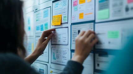 UX Designer Working on Wireframes with Sticky Notes - Powered by Adobe