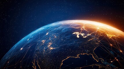 A glowing AI-powered communication network visualized as a web of light across a digital globe, symbolizing global connectivity