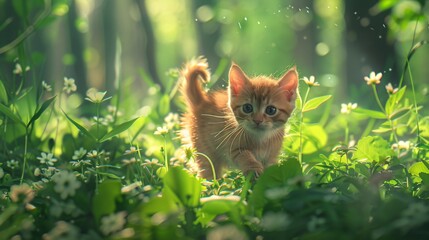 07231249 422. Adorable kitten exploring a summer forest, with lush greenery and wildflowers creating a vibrant and enchanting background on a sunny day