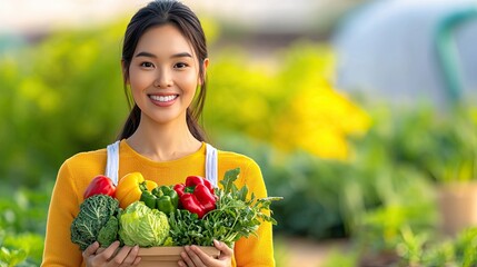 Proud Woman Showcasing Fresh Produce for World Food Day in Community Garden Setting with Copy Space, Realistic High-Clarity Image