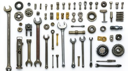 Obraz premium An array of industrial tools and components arranged neatly, showcasing various wrenches, gears, and fittings for mechanical applications