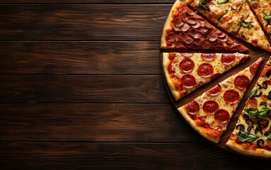 A delicious pizza with various toppings on a rustic wooden table, showcasing a variety of flavors. Perfect for food and restaurant promotions.