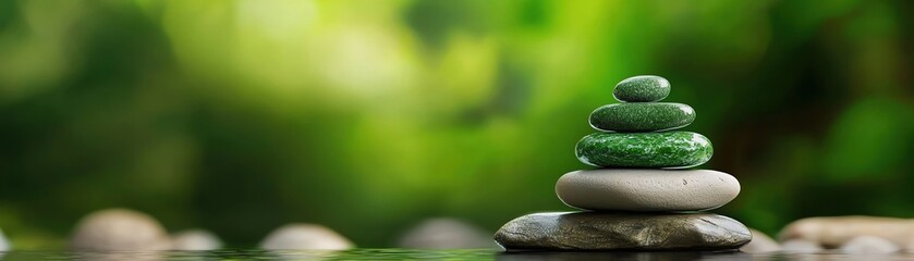Tranquil stack of smooth stones symbolizing balance and harmony against a serene, blurred green background.