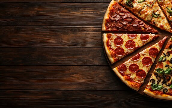 A delicious pizza with various toppings on a rustic wooden table, showcasing a variety of flavors. Perfect for food and restaurant promotions.